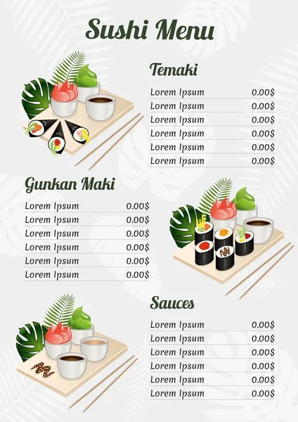 Temaki, gunkan maki, sosis ve tropikal bitkilerle suşi menüsü tasarımı. Vektör illüstrasyonu.