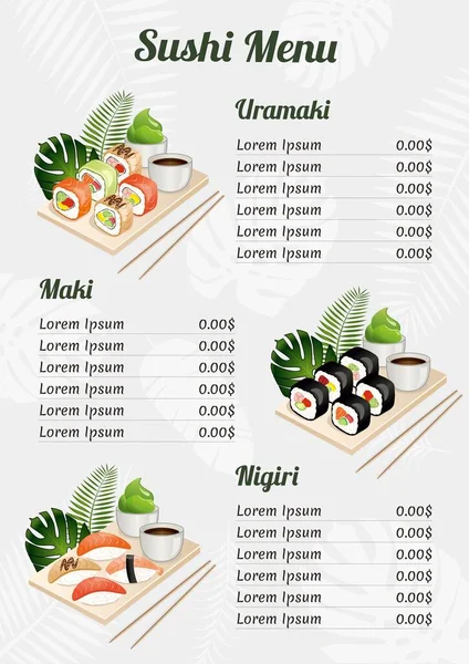 Design Menu Sushi Com Uramaki Maki Nigiri Plantas Tropicais Ilustração — Vetor de Stock