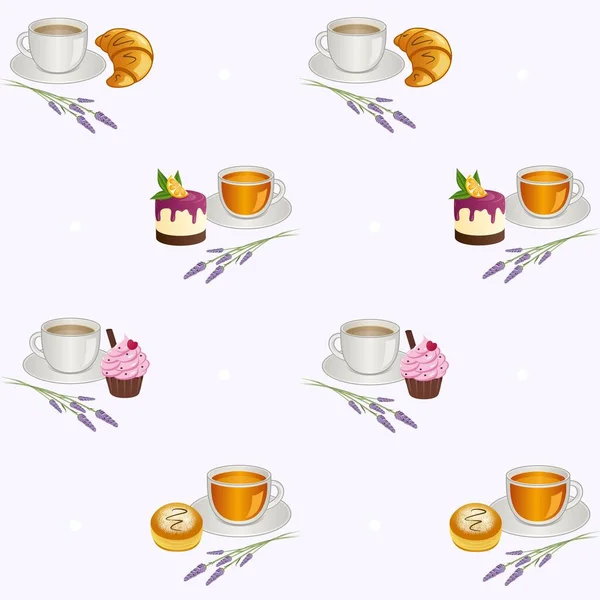 Seamless Pattern Sprigs Lavender Desserts Cups Coffee Tea Vector Illustration — Stock Vector