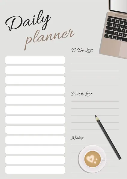 Dagelijkse Planner Met Een Laptop Een Kopje Koffie Grijze Beige — Stockvector