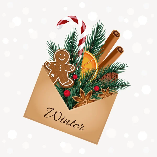  Winter poster with an envelope, gingerbread, candy, fir branches and the lettering 