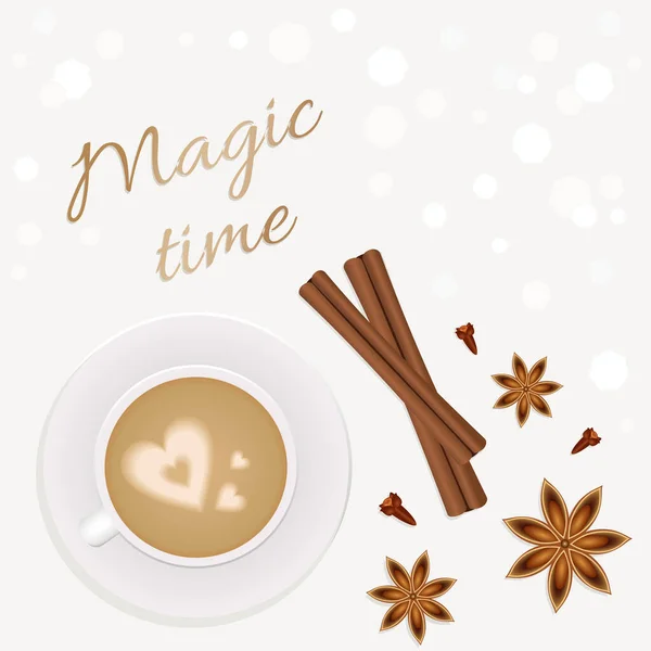  Winter poster with a cup of coffee,  cinnamon, cloves and lettering Magic time. Vector illustration.