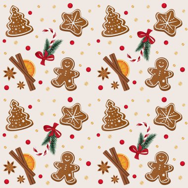 Seamless pattern for Christmas with gingerbread, sweets, fir branches, cinnamon and cloves. Vector illustration.