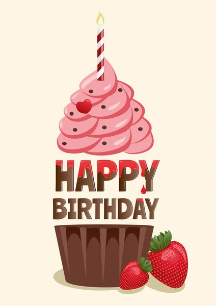 Cupcake ve çilekli renkli Mutlu Yıllar poster tasarımı. Tebrik kartı, doğum günü kutlaması için tasarım şablonu. Vektör illüstrasyonu. 