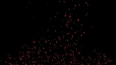 Parlayan kor, yanan kül parçacıkları. Sıcak ateş kıvılcımları izole. Alevden uçan kömürlerin 4K animasyonu.