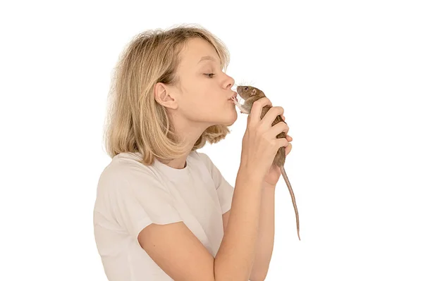 Girl Rat Plays Home Close Happy Child Pet — Stock Photo, Image