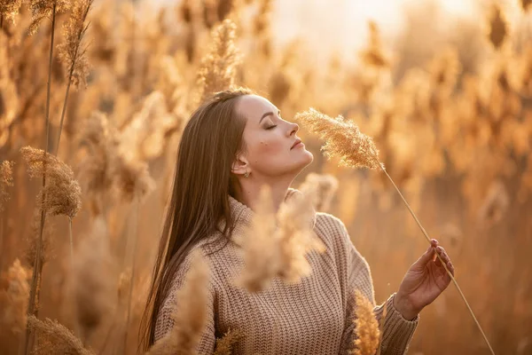 Sazlıklarla Dolu Genç Güzel Bir Kız Sonbaharda Doğada Mutlu — Stok fotoğraf