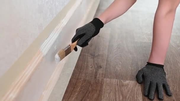 Mãos com uma pintura de pincel painéis de madeira com uma escova. — Vídeo de Stock