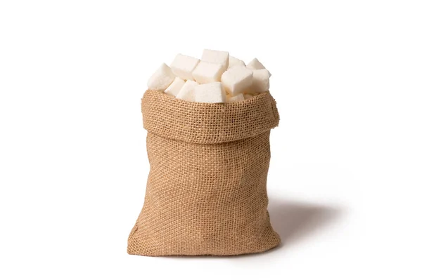 Cubetti Zucchero Bianco Sacco Iuta Con Ombra Nera Sfondo Bianco — Foto Stock