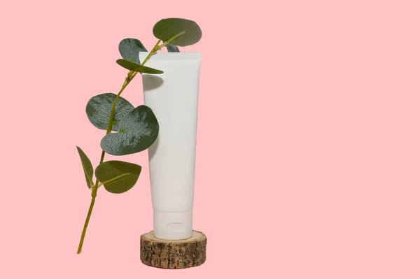 Mockup white container and eucalyptus branch. On a pink background. — Stock Photo, Image