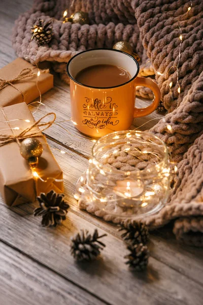 Nuovo Anno Natale Sfondo Alto Nuovo Anno Regali Caffè Cibo — Foto Stock