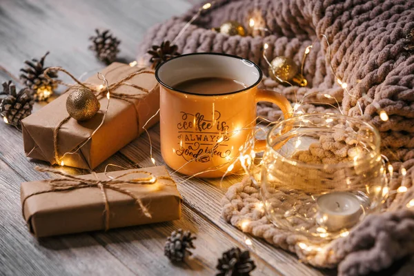 Nouvel Noël Fond Sur Dessus Nouveaux Cadeaux Année Café Nourriture — Photo