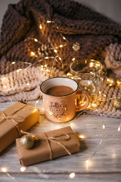 New Year Christmas Background Top New Year Gifts Coffee Food — Stock Photo, Image