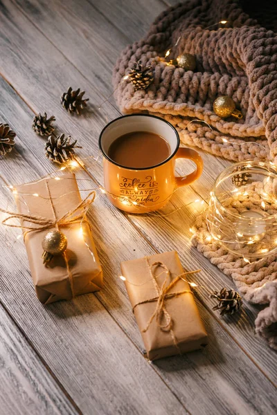 Новий Рік Різдвяний Фон Вершині Новорічні Подарунки Кава Їжа Стокова Картинка