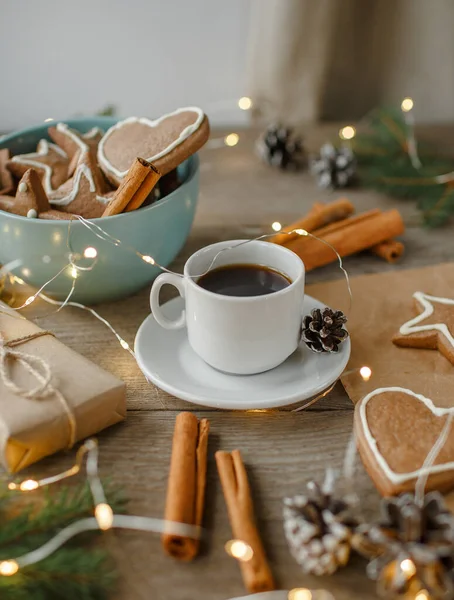 Ginger Cookies Coffee Top View Christmas Table Natural Background — Stock Photo, Image