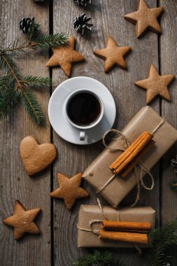 Noel kurabiyeleri ve hediyeler, üst manzara, Noel arkaplanı