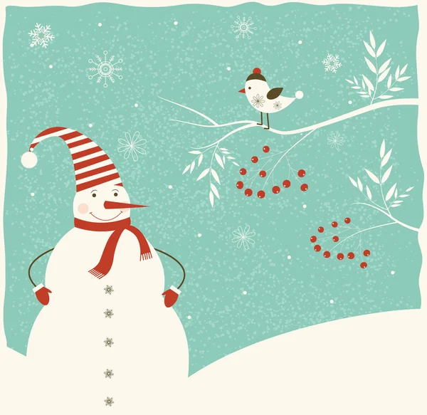 Decoración de Navidad con muñeco de nieve y pájaro . — Vector de stock