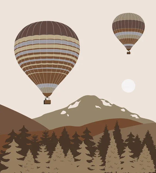 Hete lucht ballonnen vliegen over de bergen — Stockvector