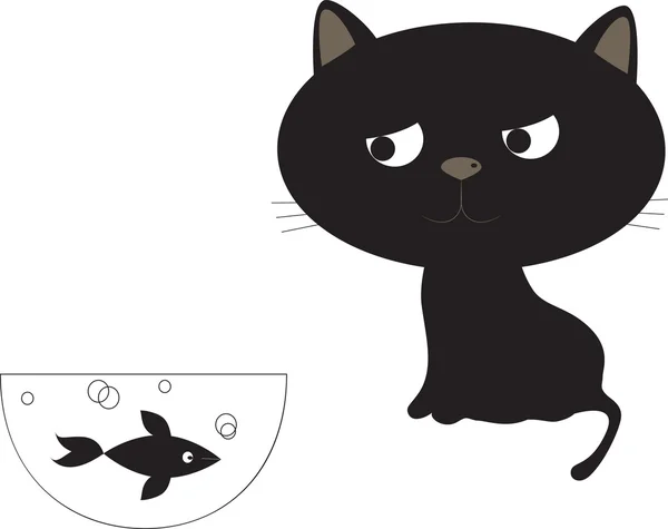 Divertente gatto nero e pesce . — Vettoriale Stock