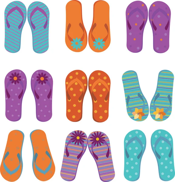 Nine pairs of colorful flip flops. — Stock Vector