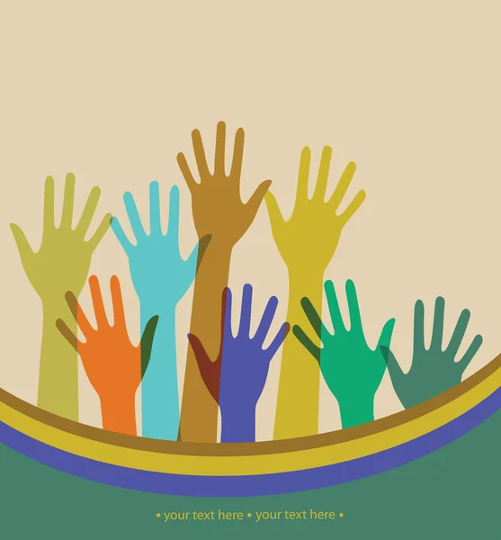 Raised colorful hands. — Stock Vector