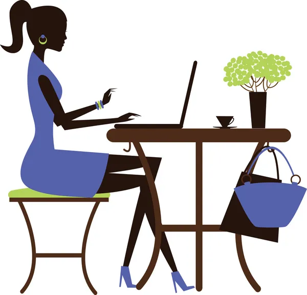 Femme avec ordinateur portable dans le café . — Image vectorielle