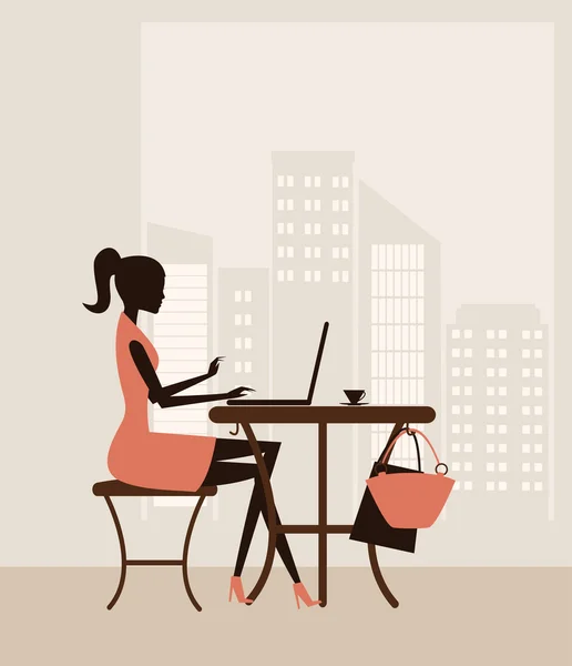 Jeune femme travaillant sur ordinateur portable — Image vectorielle