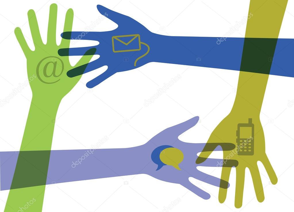 Hands with communication icons