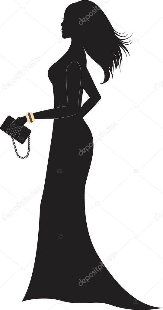 Silhouette of woman in long dress.