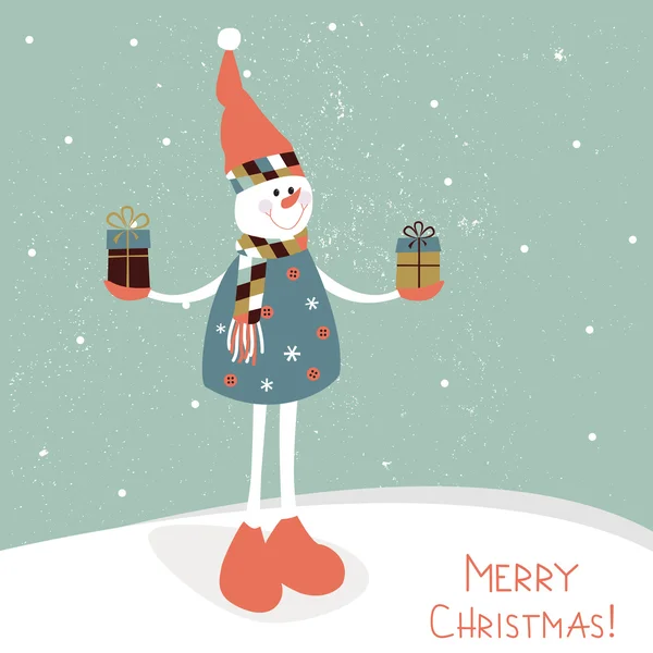 Christmas card with snowman holding gifts. — Stock Vector