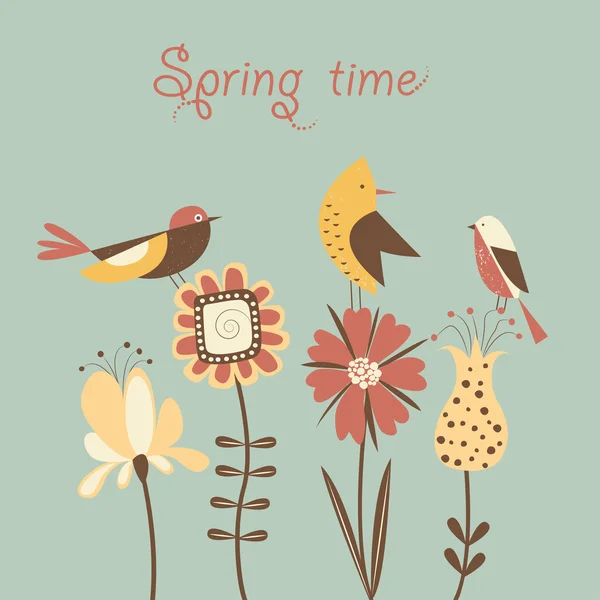 Stylizowane wiosenne kwiaty i ptaki. — Wektor stockowy