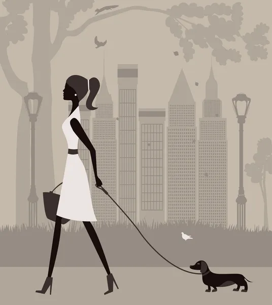 Femme marchant avec un chien dans le parc. — Image vectorielle