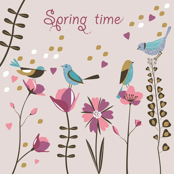Cute cartoon birds on flowers. Bright floral background in vector ...