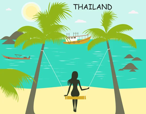 Тропічний пляж з човнами і дівчиною на гойдалках — стоковий вектор