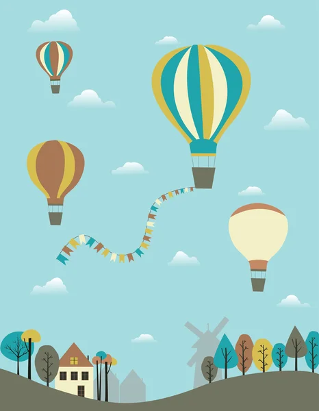 Hete lucht ballonnen over het land. — Stockvector