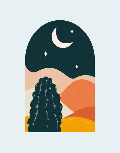 Abstrakte Landschaft Bei Nacht Mit Einem Kaktus — Stockvektor