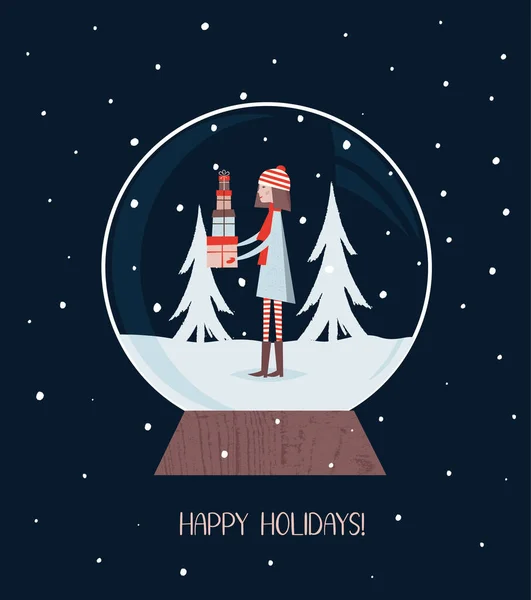 Kerstmis Sneeuwbol Met Een Meisje — Stockvector