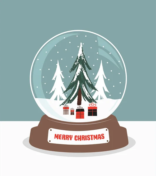 Kerstsneeuwbol Met Dennenboom Geschenken — Stockvector