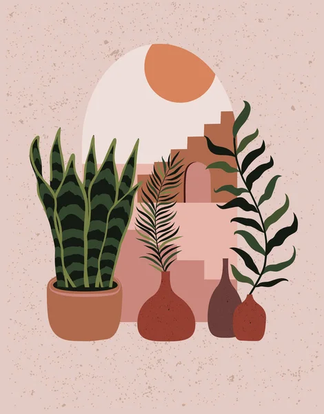 Paysage Dans Style Boho Avec Des Plantes Dans Les Vases — Image vectorielle