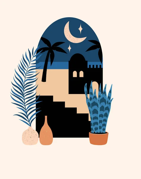 Old City Landscape Palms Night — Stock Vector