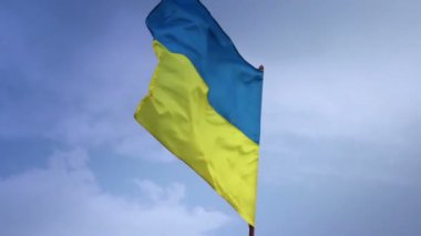 Ukraiński Flaga narodowa macha na masztem w błękitne niebo