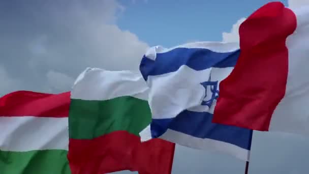 Banderas de Israel, Francia, Bulgaria, Hungría — Vídeo de stock