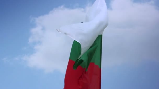 Bulgariska nationella flagga vajande på flaggstång i blå himmel — Stockvideo