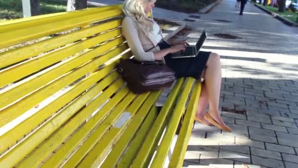 Woman typing in park with laptop — Stock Video