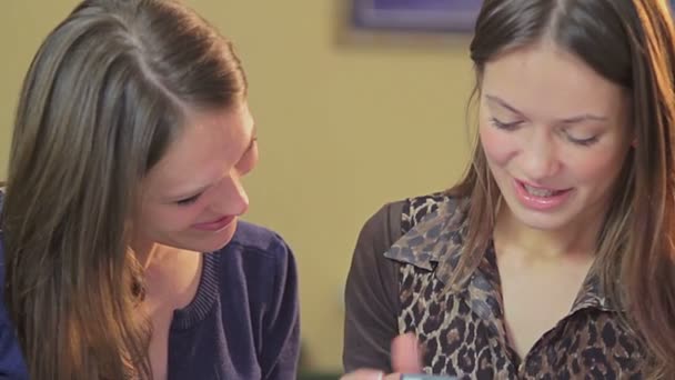 Ladies share photos  in cafe — Stock Video