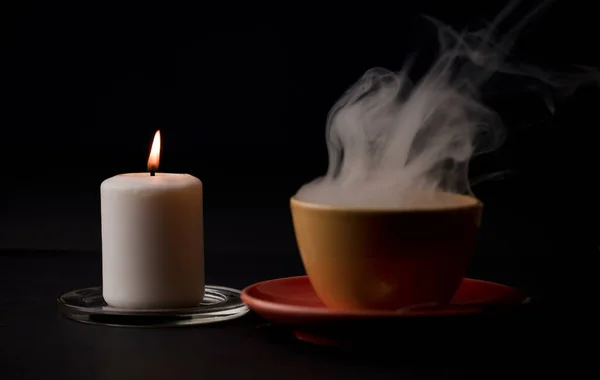 Cup Tea Hot Smoke Lit Candle Desk Home Power Outage — Stock Photo, Image