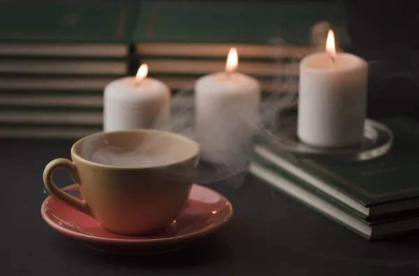 Cup Coffee Hot Smoke Three Burning Candles Desk Home Power — Stock Photo, Image