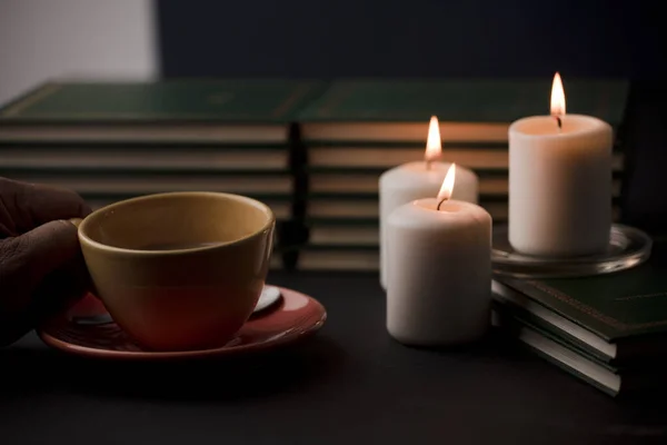 Cup Coffee Hot Smoke Three Burning Candles Desk Home Power — Stock Photo, Image