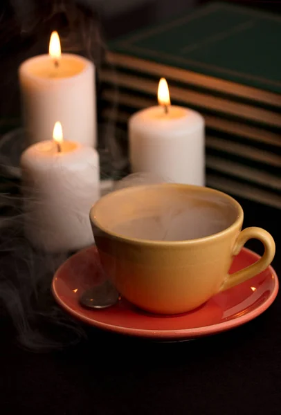 Cup Coffee Smoke Candles Alfon Books Focus Cup — Stock Photo, Image