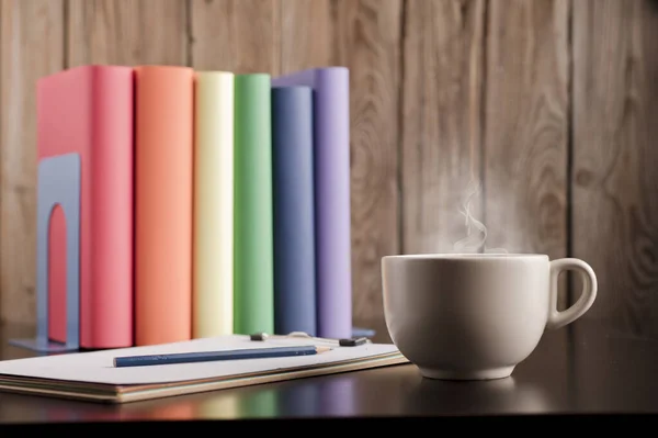 Cup Coffee Tea Hot Steam Morning Books Lgtbi Flag Colors — Stockfoto